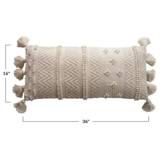 Embroidered Cream Lumbar Pillow with Pom Poms {4}
