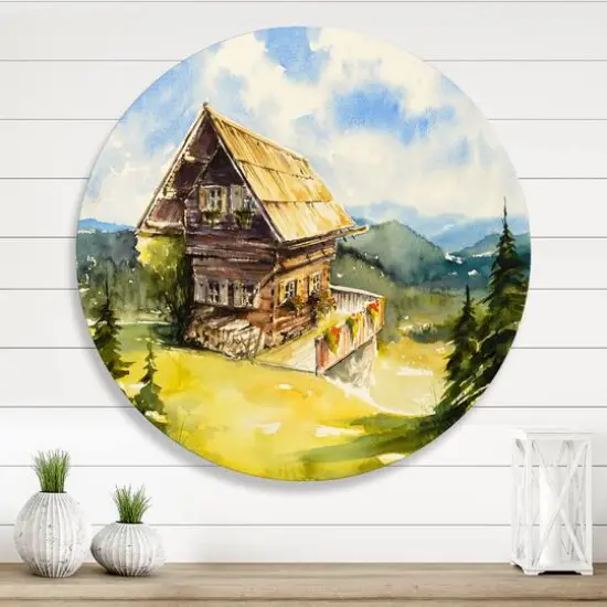 Designart - Peaceful Landscape With Old Cottage At Summer - Traditional Metal Circle Wall Art {1}