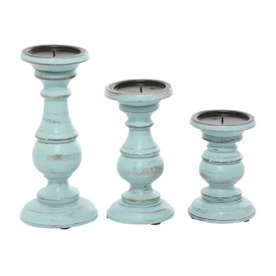 Mango Wood Traditional Candle Holder Set Light Blue {11}