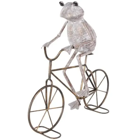 19.5" Frog on Bicycle Metal Garden Sculpture with Gold Accents Copper {1}