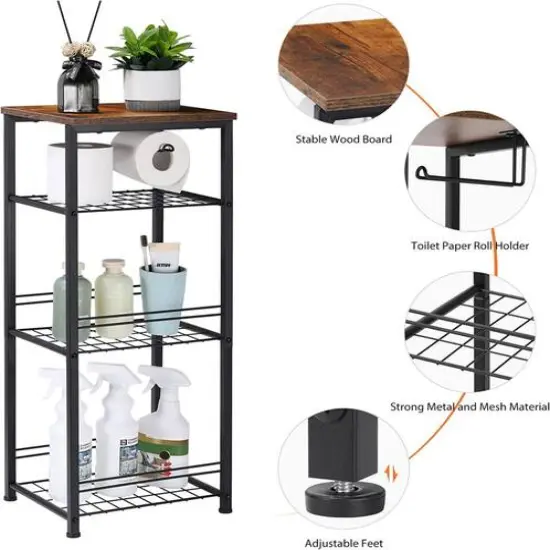 NEX&trade; 29" Black Freestanding 4-Tier Storage Shelf with Toilet Paper Holder {4}