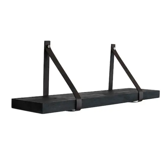 Hello Honey&reg; 29.5" Black Mango Wood & Leather Straps Wall Shelf {4}