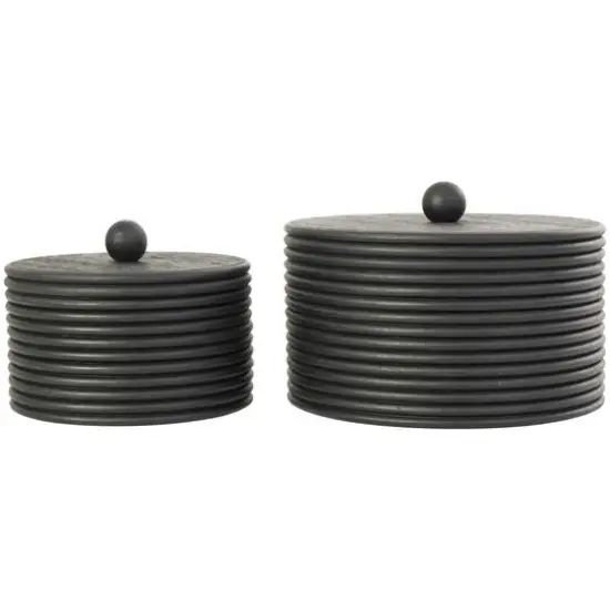 Black Wooden Round Ribbed Storage Box Set {1}