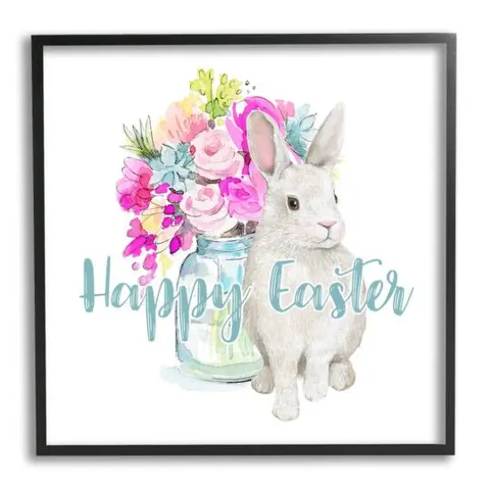 Stupell Industries Happy Easter Calligraphy Bunny Pink Flower Bouquet Framed Giclee Art Black {1}