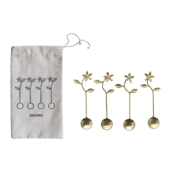 Hello Honey&reg; 5.5" Stainless Steel & Brass Spoons with Flower Handles & Drawstring Bag {1}
