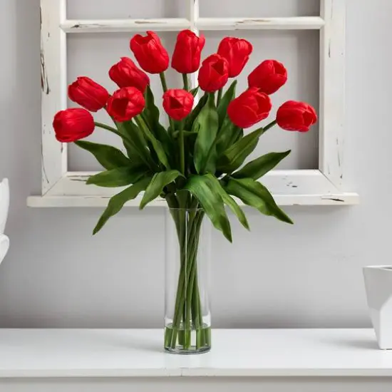 23" Artificial Tulip Arrangement with Cylinder Glass Vase Red {4}
