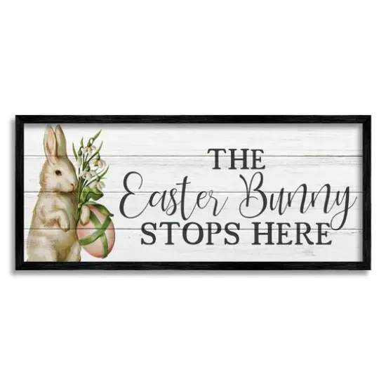 Stupell Industries Easter Bunny Stops Here Country Grain Pattern Phrase Framed Giclee Art Black {1}