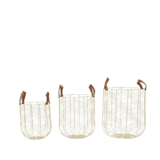 CosmoLiving by Cosmopolitan Gold Metal Storage Basket with Faux Leather Handles Set of 3 16", 14", 12" {6}