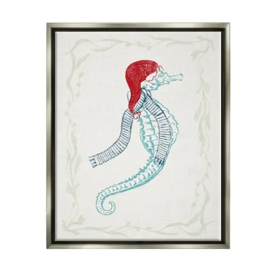 Stupell Industries Coastal Christmas Seahorse Santa Framed Floater Canvas Wall Art Gray {1}