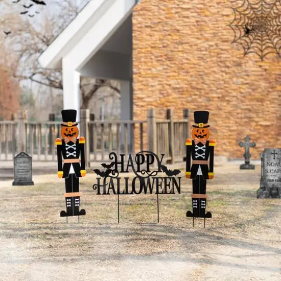 Glitzhome&reg; 32"H Halloween Metal Nutcracker and HAPPY HALLOWEEN Yard Stake Set {5}