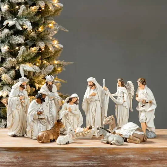 Glitzhome&reg; Ivory Resin Nativity Figurine Set {3}