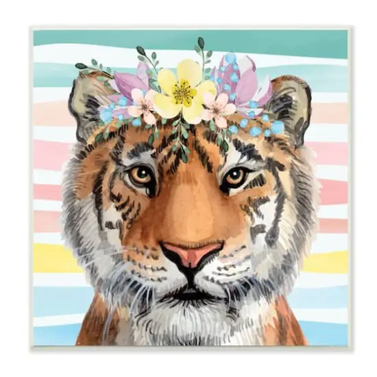 Stupell Industries Jungle Tiger Chic Purple Yellow Floral Crown Stripes,12" x 12" {1}