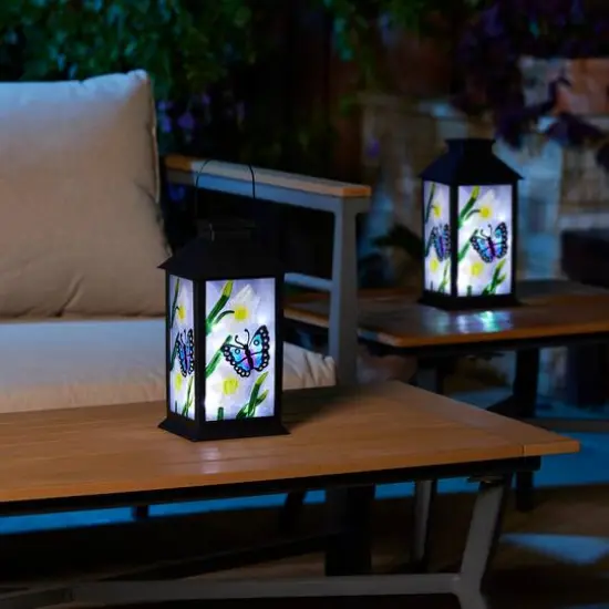 Glitzhome&reg; 11" Glass with Butterfly & Flower Pattern Solar Powered Hanging Lanterns, 2ct. {5}
