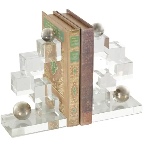 8.25" Clear Glass Stacked Squares Bookends with Silver Orbs, 2ct. {4}