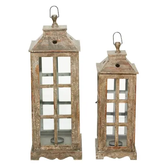 Set of 2" Brown Wood Rustic Lantern, 33", 27" {6}