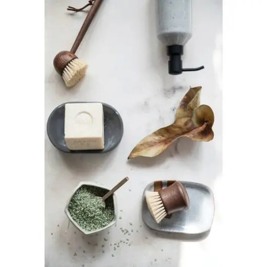 Hello Honey&reg; 7.7" Neutral Colored Reactive Glaze Stoneware Soap Dispenser with Black Pump {4}