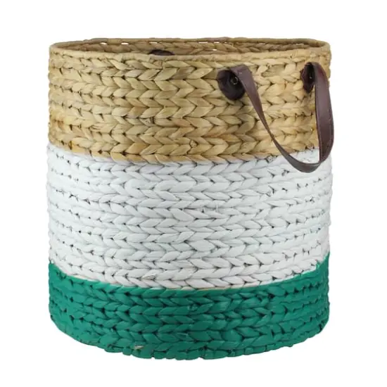 21" Beige, White & Teal Braided Wicker Basket with Handles {3}