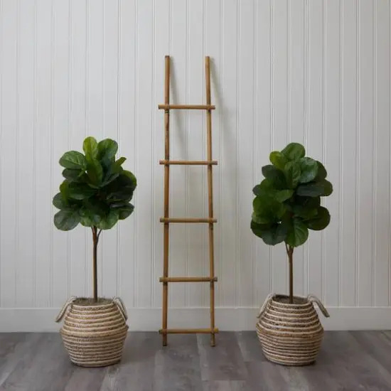 3.5ft. Artificial Fiddle Leaf Fig Tree with Handmade Jute & Cotton Basket with Tassels {4}