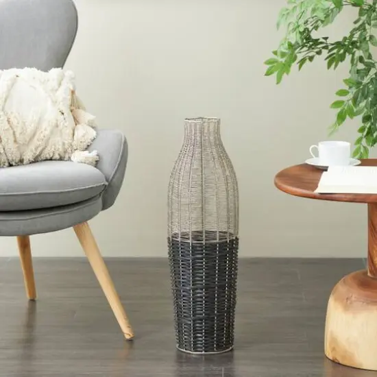 24" Silver Metal Vase with Woven Black Rattan Base {11}