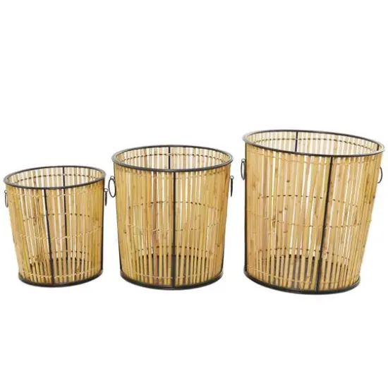 Light Brown Rattan Handmade Slatted Frame Storage Basket with Ring Handles Set of 3 20", 18", 15" {1}