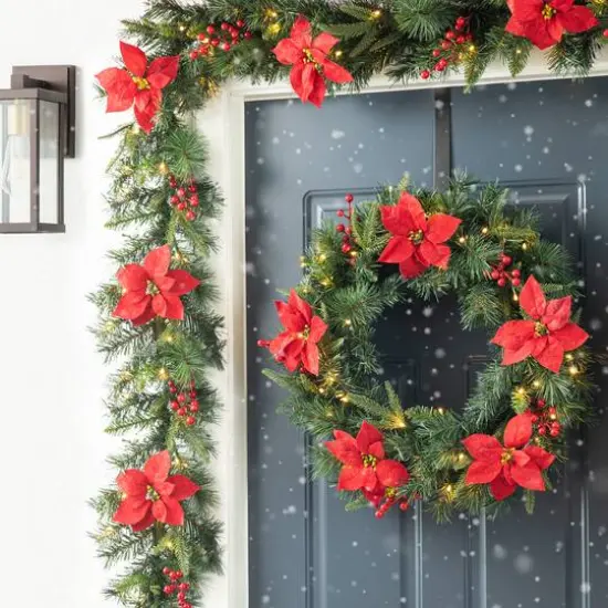 Glitzhome® 6ft. Pre-Lit Pine, Red Poinsettia & Berries Christmas Garlands with Timers, 2ct. {6}