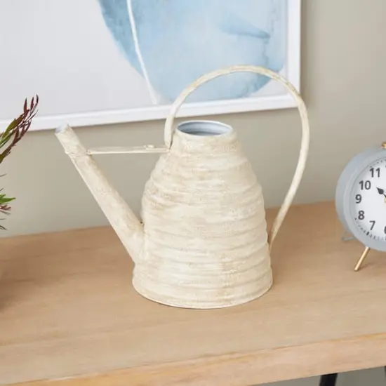 14" Cream Metal Beehive Shaped Watering Can Planter {3}