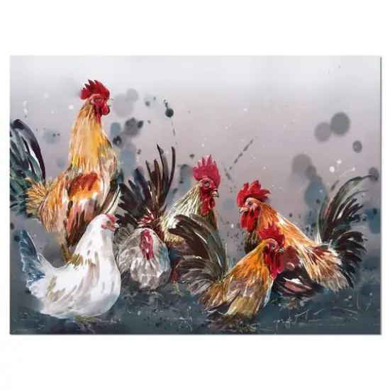 Designart - Group of Rooster in Gray Farm background - Farmhouse Animal Painting Print on Wrapped Canvas {1}