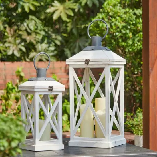 Modern Farmhouse White Wooden Lantern Set, 24" & 17" {5}