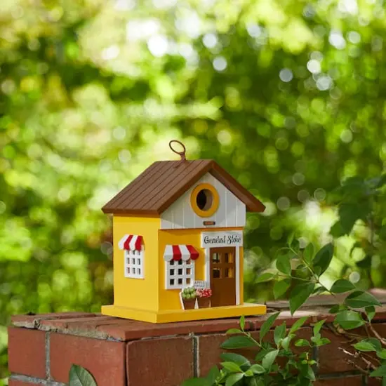 Glitzhome&reg; 9.5" Modern Yellow Wood General Store Birdhouse {4}