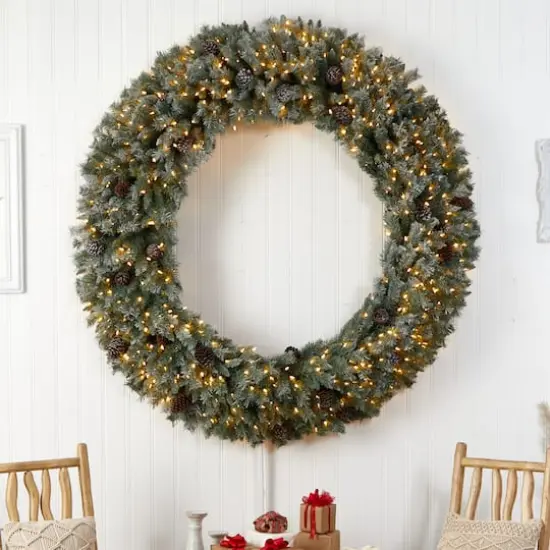 6ft. Clear LED Lights Flocked Christmas Artificial Wreath With Pinecones {5}