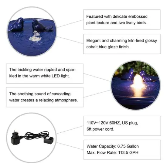 Glitzhome&reg; 27.5" LED Bird Pedestal Ceramic Fountain Cobalt Blue {8}