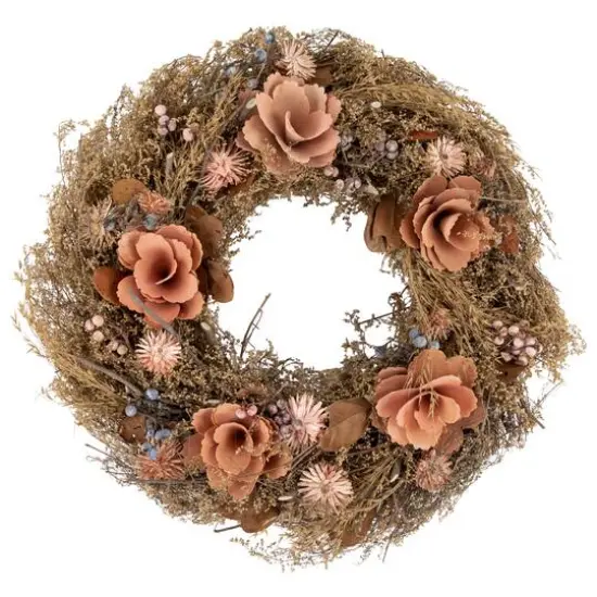 13.75" Orange & Coral Pink Twig & Floral Autumn Harvest Wreath {1}