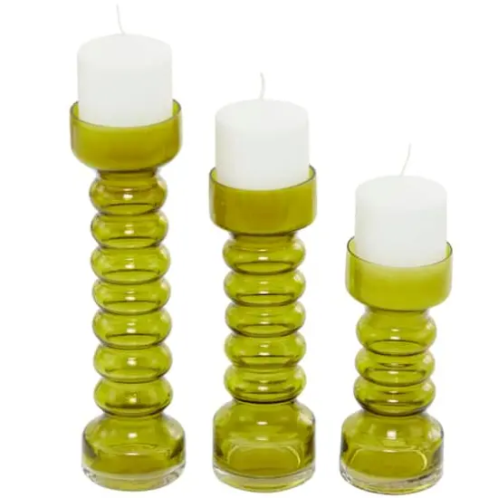 Green Glass Bubble Pillar Candle Holder Set {1}