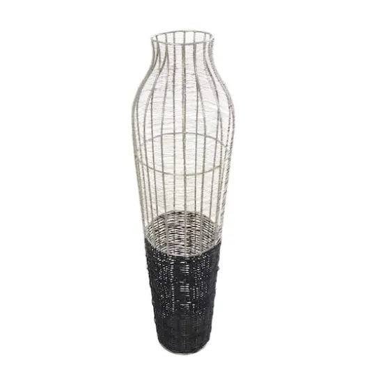 36" Silver Metal Vase with Woven Black Rattan Base {1}