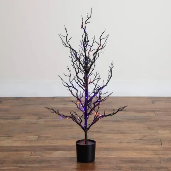 3ft. Pre-Lit Artificial Halloween Black Spooky Twig Tree with 100 Orange & Purple Copper Wire String LED Lights {7}