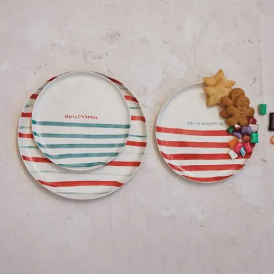 Hello Honey&reg; 8.25" Round Hand-Painted Stoneware Plate with Stripes & Holiday Saying Set {3}