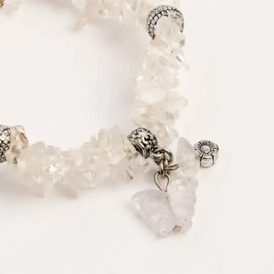 John Bead Crystal Quartz Clear Natural Stone 2-Strand Bracelet with Butterfly Charm {3}