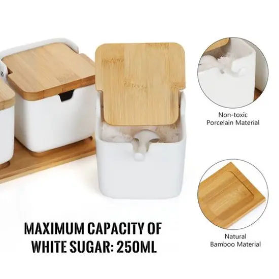 NEX™ White Ceramic Sugar Bowls with Spoon & Bamboo Lid Set {5}