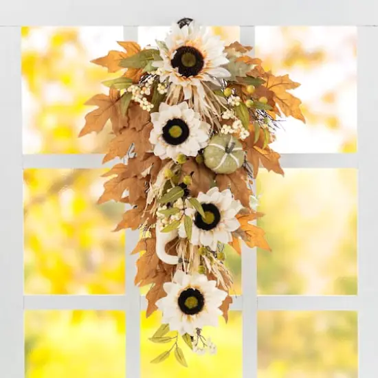 Glitzhome&reg; 28" Fall Neutral Sunflower, Pumpkin and Leaf Swag {3}