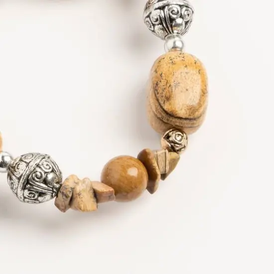 John Bead Brown Jasper Stretch Bracelet with Silver Filigree Beads {3}