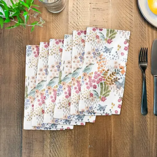 Butterfly Bird Floral Cotton Twill Napkin White {4}