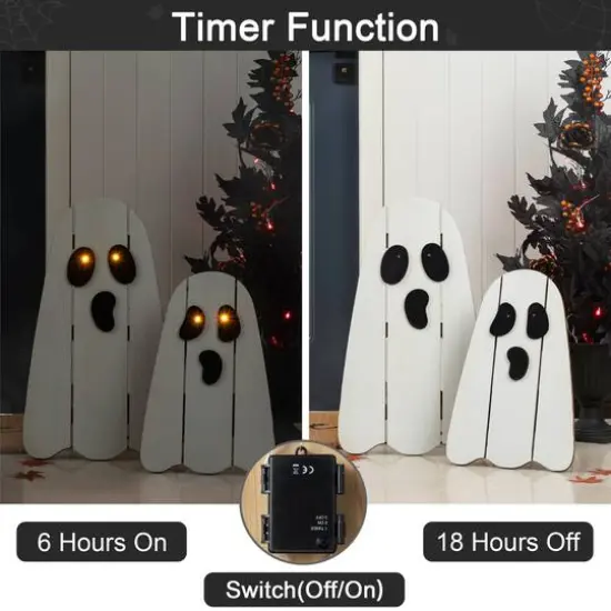 Glitzhome&reg; 24"H Halloween Lighted Wooden White Ghost Porch Decor with Timer Set {7}