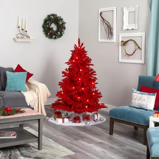 5ft. Pre-Lit Red Flocked Fraser Fir Artificial Christmas Tree with Red Lights {7}
