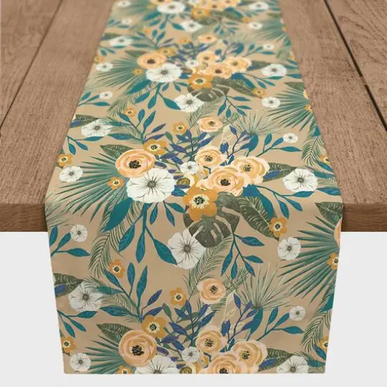90" Tropical Floral Cotton Twill Runner Beige {1}