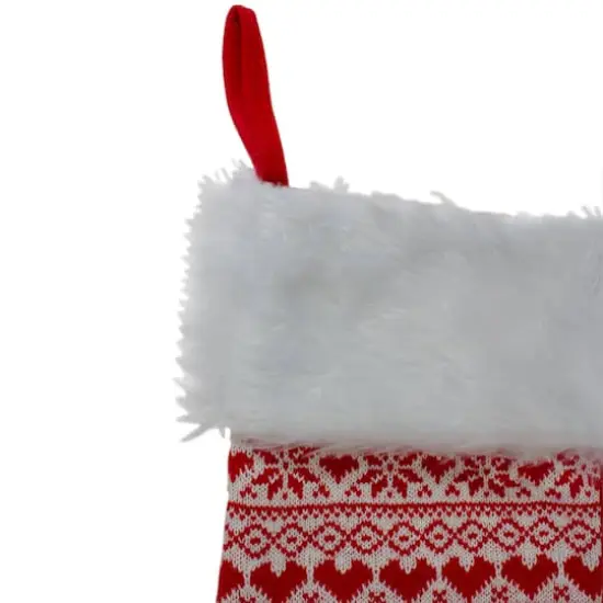 19" Red & White Hearts with Snowflakes Knit Christmas Stocking Faux Fur Cuff {3}