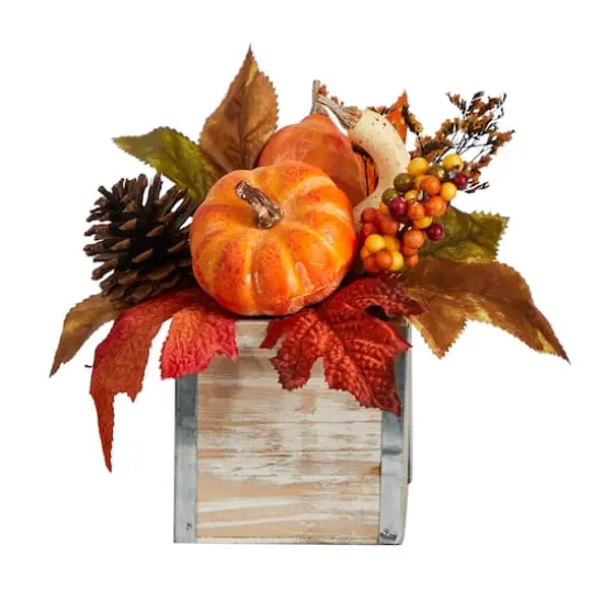 8" Pumpkin, Gourd, Berries & Pinecones Autumn Arrangement In Natural Washed Vase {1}