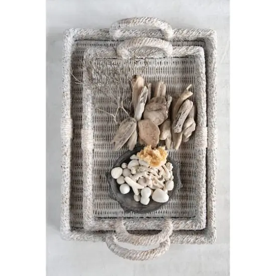 Hello Honey&reg; Whitewashed Decorative Rattan Tray Set with Handles {5}