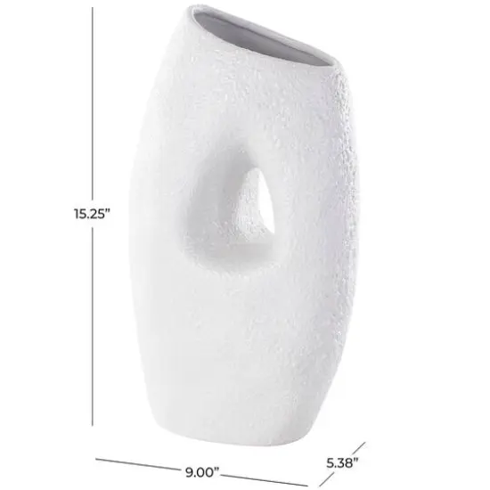 15" White Ceramic Abstract Textured Vase with Cutout Center {8}