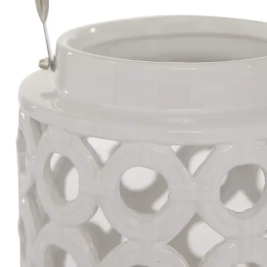 White Ceramic Contemporary Candle Holder Lantern, 8" x 8" x 9" {4}