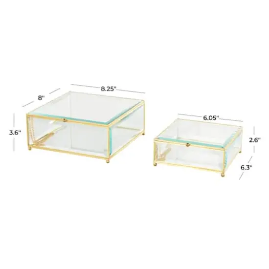 Clear & Gold Beveled Glass & Metal Square Footed Jewelry Box with Chain Accent Set {8}